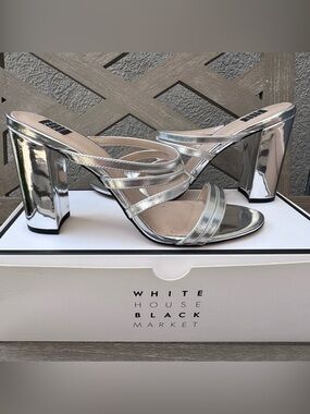 White House Black Market Silver Metallic Strappy Block Heel Mules